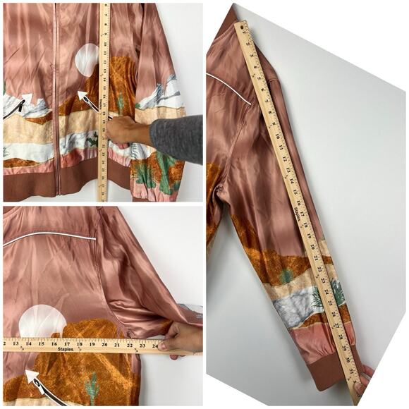 Hooey Satin Bomber Jacket XL Women’s Pink Desert Western Landscape Print Zip Up - Picture 9 of 12